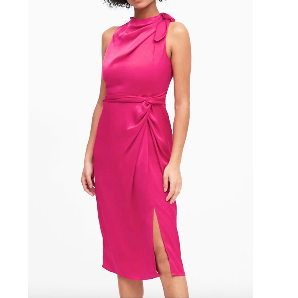 Banana Republic Pink Satin Tie Neck Sleeveless Midi Sheath Dress Size 2 NEW